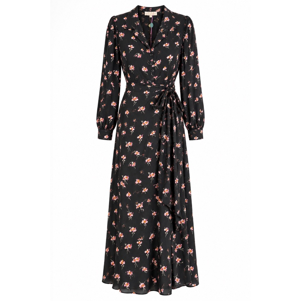 NWOT byTiMo Autumn Wrap Dress Black Pink Floral Viscose Long Sleeve Maxi M